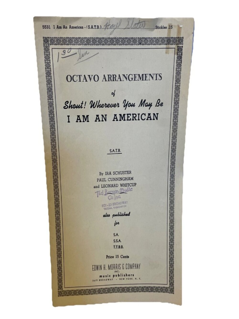 I Am An American Vintage Sheet Music S.A.T.B. Choral Schuster Cunningham Whitcup